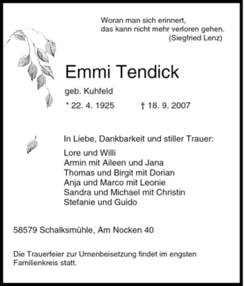 Traueranzeige von Emmi Tendick von Tageszeitung