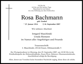 Traueranzeige von Rosa Bachmann von Tageszeitung
