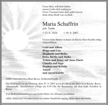 Traueranzeige von Maria Schaffrin von Tageszeitung