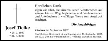 Traueranzeige von Josef Tielke von Tageszeitung