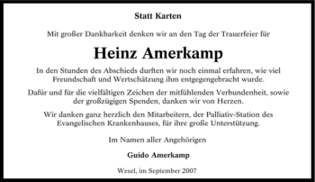Traueranzeige von Heinz Amerkamp von Tageszeitung