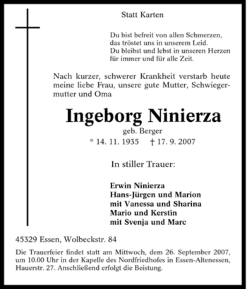 Traueranzeige von Ingeborg Ninierza von Tageszeitung