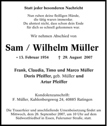 Traueranzeige von Sam / Wilhelm Müller von Tageszeitung