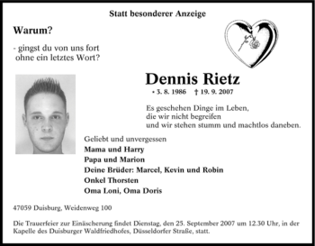 Traueranzeige von Dennis Rietz von Tageszeitung