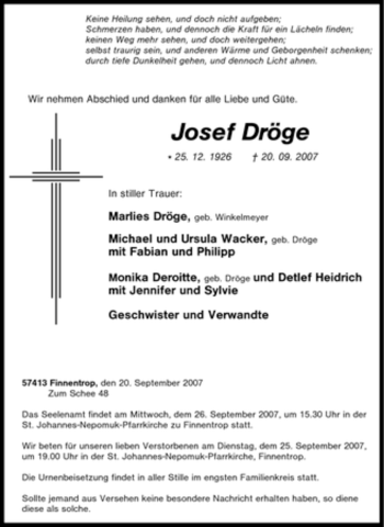 Traueranzeige von Josef Dröge von Tageszeitung