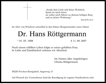 Traueranzeige von Hans Röttgermann von Tageszeitung