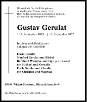 Traueranzeige von Gustav Gerulat von Tageszeitung