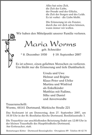 Traueranzeige von Maria Worms von Tageszeitung
