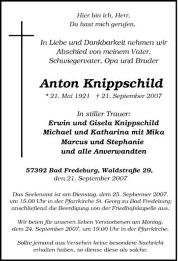 Traueranzeige von Anton Knippschild von Tageszeitung