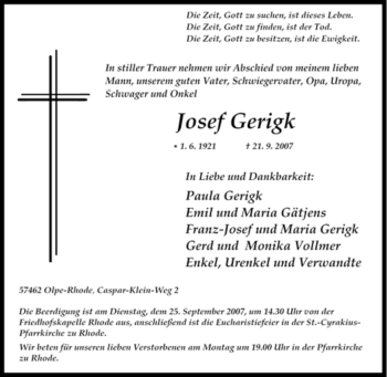 Traueranzeige von Josef Gerigk von Tageszeitung