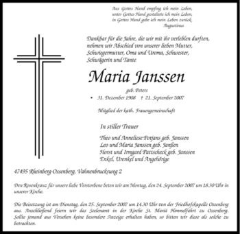 Traueranzeige von Maria Janssen von Tageszeitung