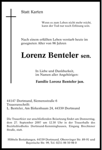 Traueranzeige von Lorenz Benteler von Tageszeitung