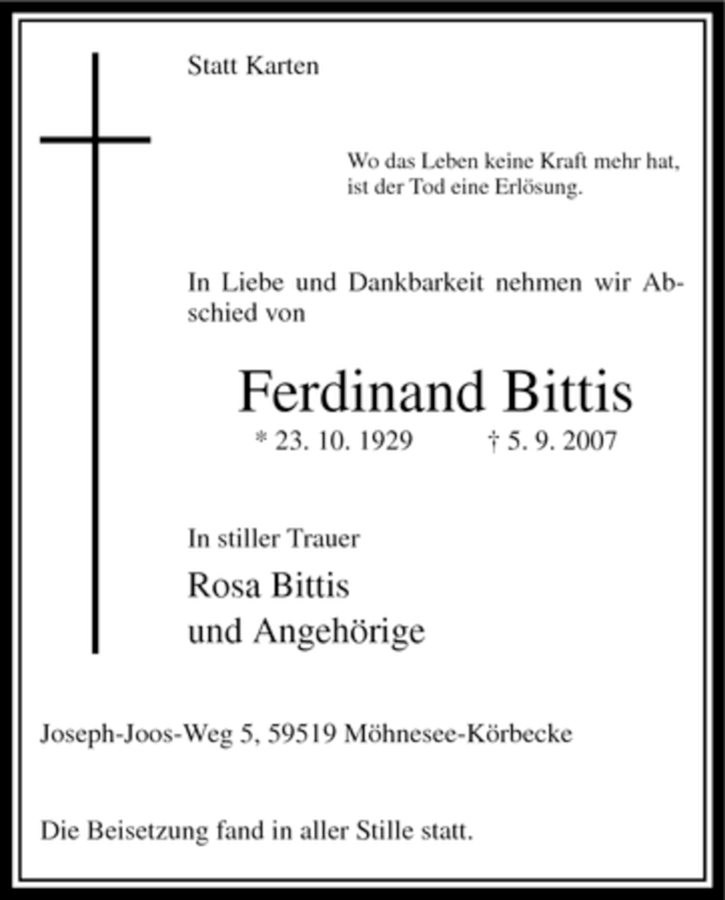  Traueranzeige für Ferdinand Bittis vom 22.09.2007 aus Tageszeitung