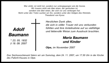Traueranzeige von Adolf Baumann von Tageszeitung