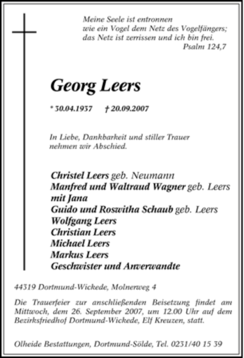 Traueranzeige von Georg Leers von Tageszeitung