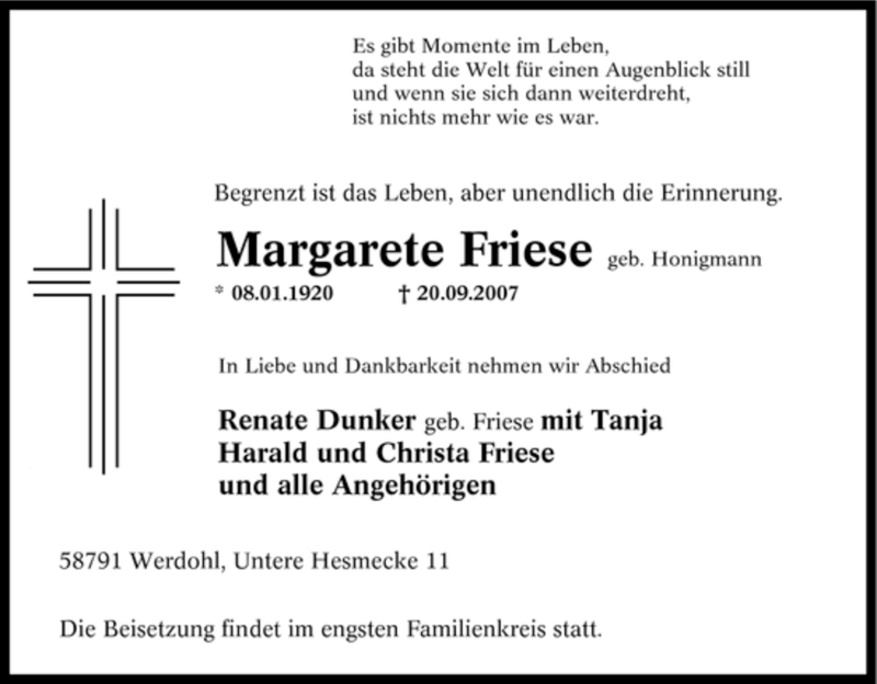  Traueranzeige für Margarete Friese vom 24.09.2007 aus Tageszeitung