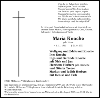 Traueranzeige von Maria Knoche von Tageszeitung