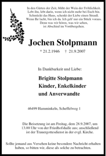 Traueranzeige von Jochen Stolpmann von Tageszeitung