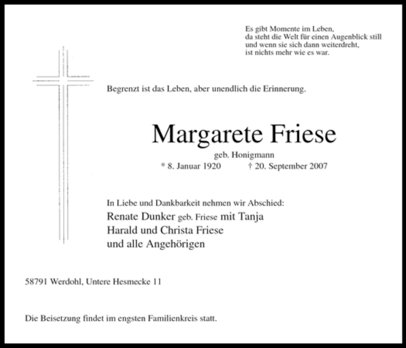  Traueranzeige für Margarete Friese vom 24.09.2007 aus Tageszeitung