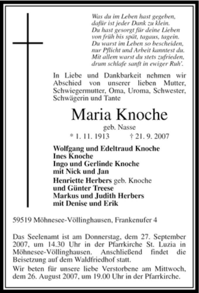  Traueranzeige für Maria Knoche vom 24.09.2007 aus Tageszeitung