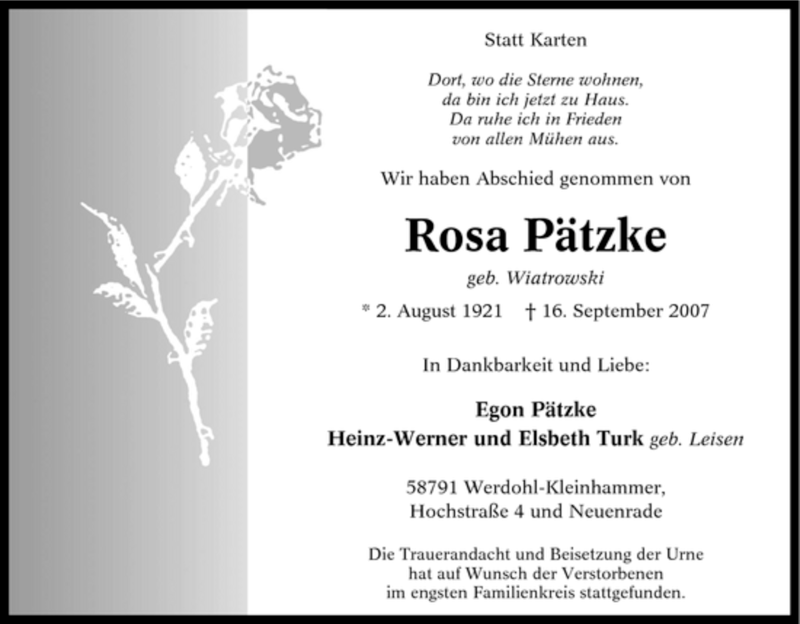  Traueranzeige für Rosa Pätzke vom 25.09.2007 aus Tageszeitung