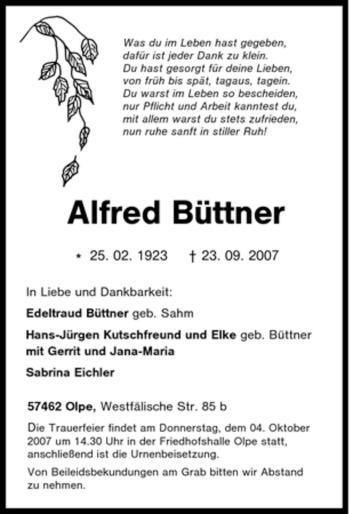 Traueranzeige von Alfred Büttner von Tageszeitung