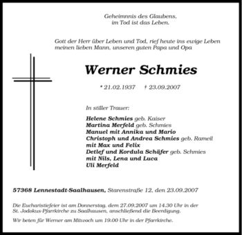 Traueranzeige von Werner Schmies von Tageszeitung