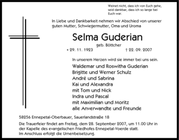 Traueranzeige von Selma Guderian von Tageszeitung