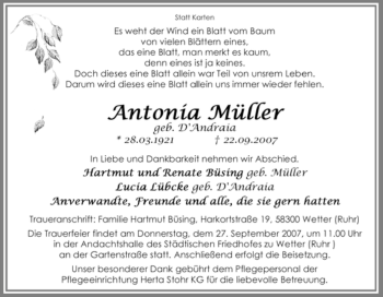 Traueranzeige von Antonia Müller von Tageszeitung