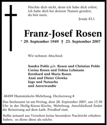 Traueranzeige von Franz-Josef Rosen von Tageszeitung