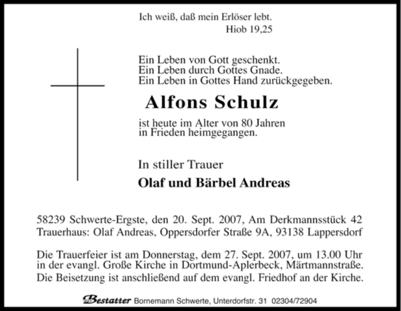  Traueranzeige für Alfons Schulz vom 25.09.2007 aus Tageszeitung