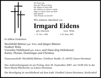 Traueranzeige von Irmgard Eidens von Tageszeitung