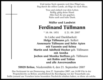 Traueranzeige von Ferdinand Tüllmann von Tageszeitung