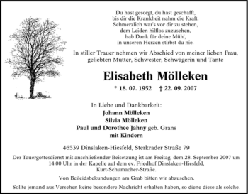 Traueranzeige von Elisabeth Mölleken von Tageszeitung