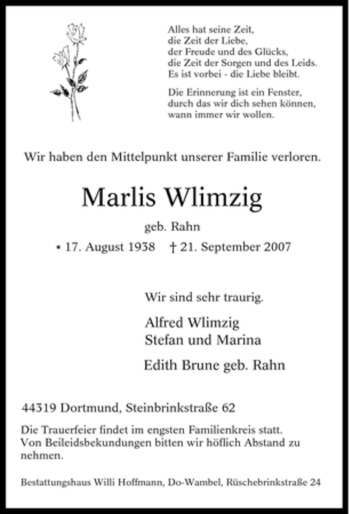 Traueranzeige von Marlis Wlimzig von Tageszeitung