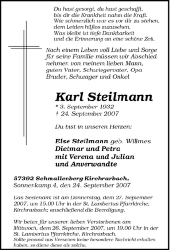 Traueranzeige von Karl Steilmann von Tageszeitung