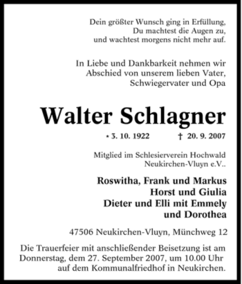 Traueranzeige von Walter Schlagner von Tageszeitung