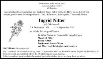 Traueranzeige von Ingrid Nitter von Tageszeitung