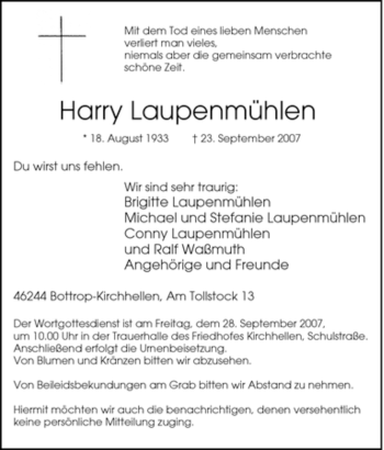 Traueranzeige von Harry Laupenmühlen von Tageszeitung
