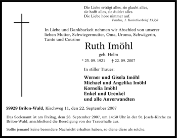 Traueranzeige von Ruth Imöhl von Tageszeitung