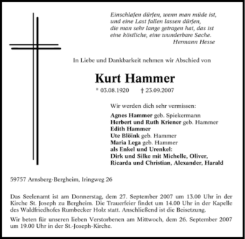 Traueranzeige von Kurt Hammer von Tageszeitung