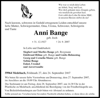 Traueranzeige von Anni Bange von Tageszeitung