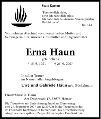 Traueranzeige von Erna Haun von Tageszeitung