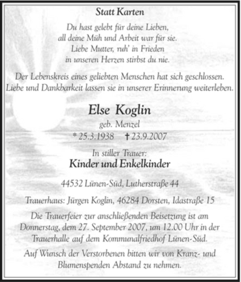 Traueranzeige von Else Koglin von Tageszeitung