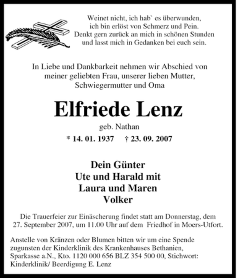  Traueranzeige für Elfriede Lenz vom 25.09.2007 aus Tageszeitung