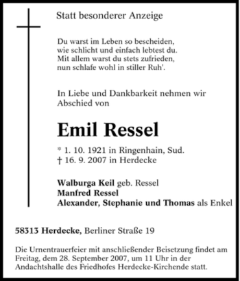 Traueranzeige von Emil Ressel von Tageszeitung