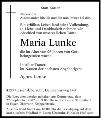 Traueranzeige von Maria Lunke von Tageszeitung