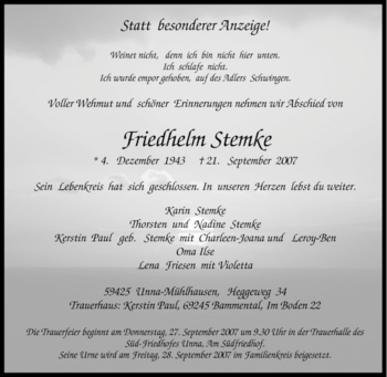 Traueranzeige von Friedhelm Stemke von Tageszeitung