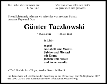 Traueranzeige von Günter Taczkowski von Tageszeitung
