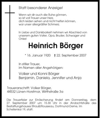 Traueranzeige von Heinrich Börger von Tageszeitung